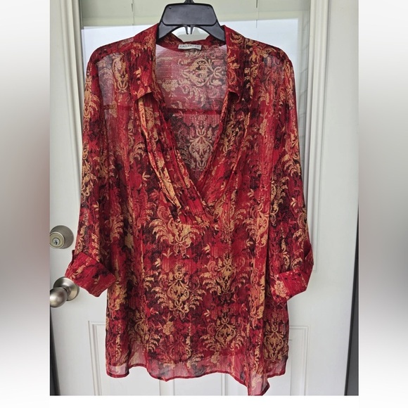 Catherines Sheer Tunic Top 2X Plus Womens 3/4 Sleeve Orange Paisely Open Front - Picture 4 of 15